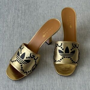 NEW adidas x Gucci women's gold metallic leather slide sandal.